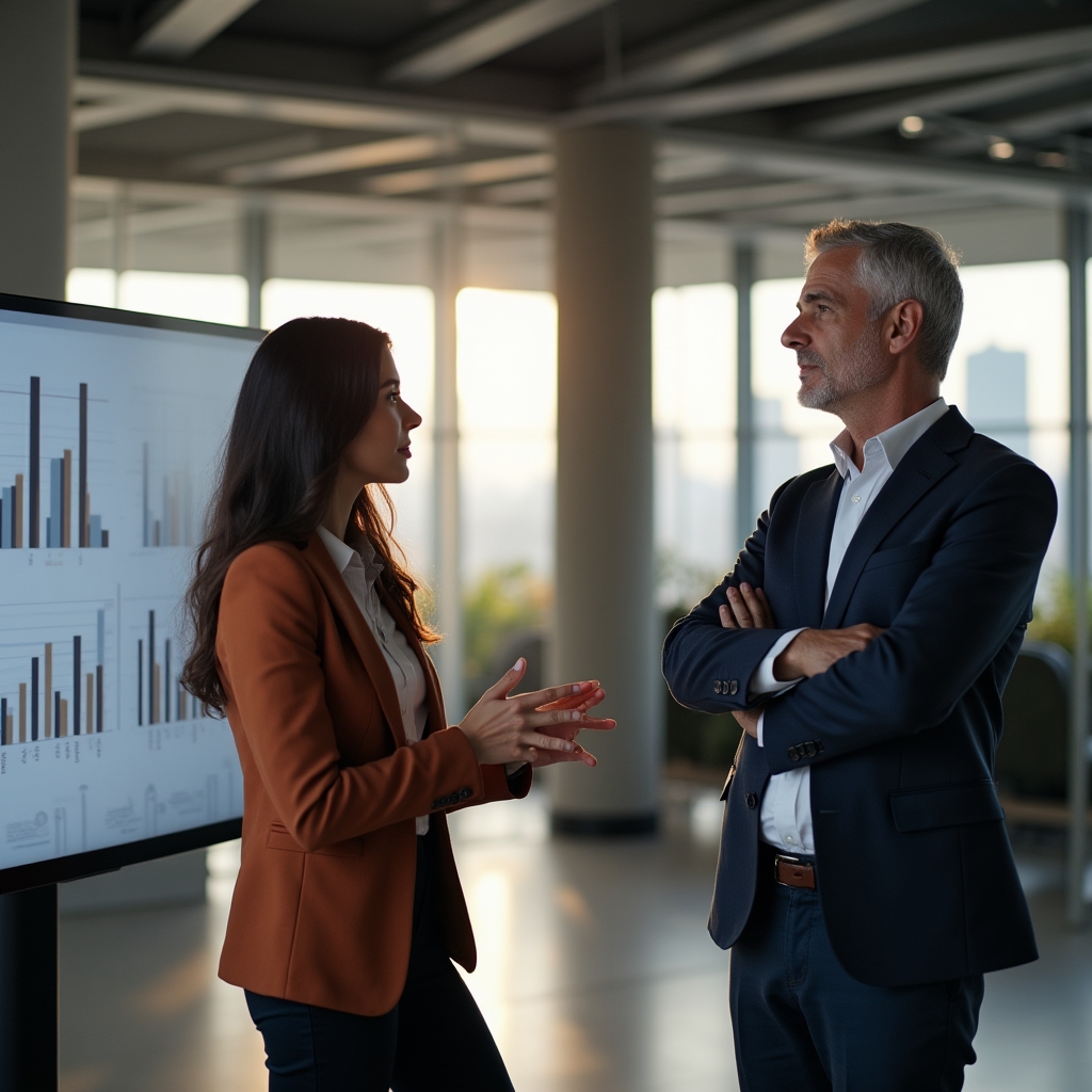 Consultora explicando un panel de indicadores a un equipo directivo